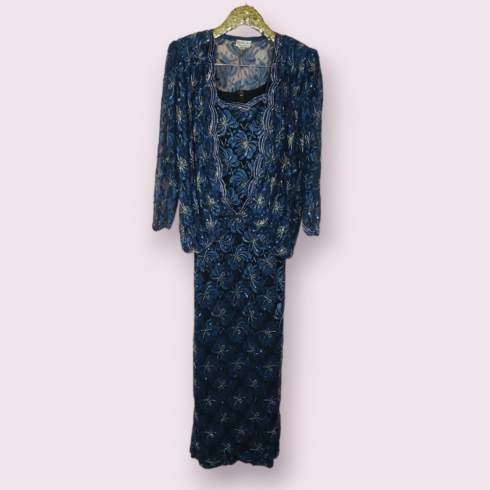 VINTAGE Judith Ann Creations Womens Long Blue Sequins Evening Gown size Small